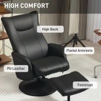HOMCOM Swivel Recliner Chair with Footstool, PU Leather Recliner Armchair with Adjustable Back and Steel Frame, Reclining Chair Lounge with Flared Armrests for Living Room, Black(m-5)