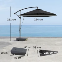 Outsunny 3(m) Garden Cantilever Parasol with Fillable Base up to 90kg, Wind Protection Strap, Cover, Round Banana Hanging Umbrella with Crank Handle and Tilt, UPF50+ Patio Umbrella, Grey(m-3)