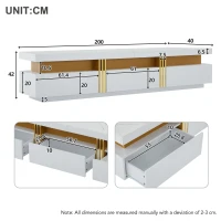 Luxury TV Stand with 3 Drawers, Faux Marble Top, and Golden Panel Design, 200L x 40W x 42H cm, White(m-3)