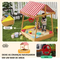 AIYAPLAY Caixa de Areia para Crianças em Forma de Barco com Toldo e Assentos Caixa de Areia para Exterior 133x101x141 cm Madeira(m-4)