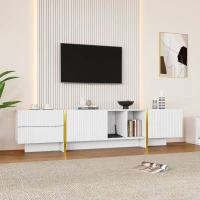 Modern TV Stand with Storage Cabinet for 85-Inch TV, Entertainment Centre with Open Shelves, 190L x 35W x 45H cm, White+Gold(m-6)