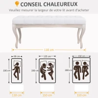 HOMCOM Banc Banquette capitonnée Style Classique 110 cm Bout de lit Rembourrée en lin piètement Bois hévéa sculpté blanc crème(m-7)