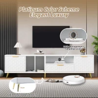 TV Stand with Storage Cabinets and Open Shelves for 80-Inch TV, Embossed Pattern Entertainment Centre, 180L x 40W x 41H cm, White(m-4)