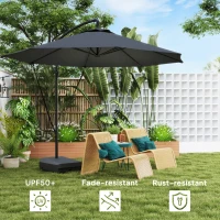 Outsunny 3(m) Garden Cantilever Parasol with Fillable Base up to 90kg, Wind Protection Strap, Cover, Round Banana Hanging Umbrella with Crank Handle and Tilt, UPF50+ Patio Umbrella, Grey(m-6)