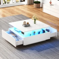 Modern LED Coffee Table with Storage and Bluetooth Control, Square Design with 2 Sliding Drawers, 70L x 70W x 41H cm, White(m-9)