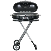 Outsunny Foldable Gas BBQ Grill 2 Burner Garden Barbecue Trolley w/ Lid Side Shelves Storage Pocket Piezo Ignition Thermometer, Aluminium Alloy(m-14)