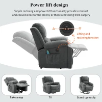 Power Massage Lift Recliner Chair with Heat and Vibration for Elderly, Heavy Duty Reclining Mechanism with Pockets, Cup Holders, Grey(m-5)