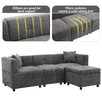 L-Shaped Sectional Sofa with Removable Storage Ottoman and 2 Pillows, Fabric Upholstery, 204L x 68W x 69H cm, Grey(m-6)