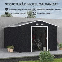 Outsunny Magazie de Depozitare de 11 x 9 din Metal pentru Unelte de Gradina cu Usi Glisante Duble si 4 Orificii de Aerisire(m-4)