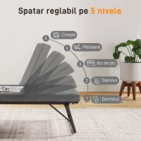 HOMCOM Pat Pliant cu Saltea, Spătar Reglabil pe 5 Nivele, 4 Roți și Cadru din Metal cu Bare, 180x70x38 cm, Gri(m-6)