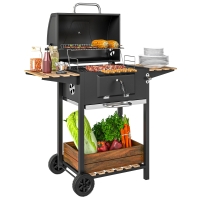 Outsunny Charcoal BBQ Grill with Height Adjustable Charcoal Pan, Portable Barbecue Smoker with Warming Rack, 3 Shelves, Temperature Gauge, Wheels, Bottle Opener for Outdoor Cooking Garden Party
