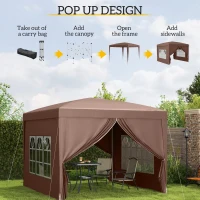 Outsunny 3 x 3 m Pop Up Gazebo, Wedding Party Canopy Tent Marquee with Carry Bag and Windows, Coffee(m-4)
