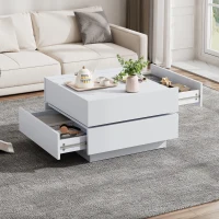 Square Rotating Coffee Table with 2 Drawers, 2-Tier Swivel Tabletop and Storage, 60L x 60W x 38H cm, White(m-8)
