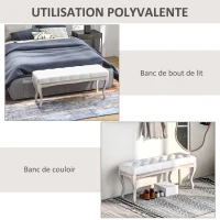 HOMCOM Banc Banquette capitonnée Style Classique 110 cm Bout de lit Rembourrée en lin piètement Bois hévéa sculpté blanc crème(m-6)