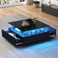 Modern LED Coffee Table with 2 Sliding Drawers and Smart App Control, Square Design, 70L x 70W x 41H cm, Black(m-9)