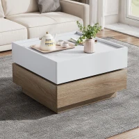 Square Rotating Coffee Table with 2 Drawers and Swivel Top, 2-Tier Centre Table with Storage, 60L x 60W x 38H cm, White+Oak(m-7)