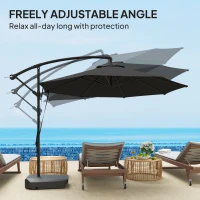 Outsunny 3(m) Garden Cantilever Parasol with Fillable Base up to 90kg, Wind Protection Strap, Cover, Round Banana Hanging Umbrella with Crank Handle and Tilt, UPF50+ Patio Umbrella, Grey(m-7)