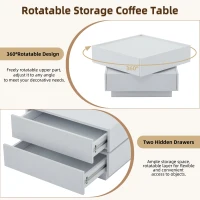 Square Rotating Coffee Table with 2 Drawers, 2-Tier Swivel Tabletop and Storage, 60L x 60W x 38H cm, White(m-5)