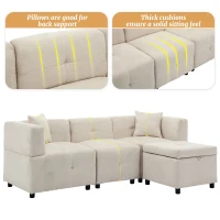 L-Shaped Sectional Sofa with Removable Storage Ottoman and 2 Pillows, Fabric Upholstery, 204L x 68W x 69H cm, Beige(m-6)