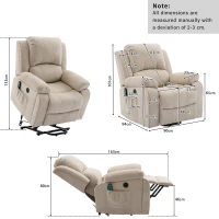 Power Massage Lift Recliner Chair with Heat and Vibration for Elderly, Fabric Sofa with Storage Pockets, Cup Holders, 90L x 94W x 101H cm, Beige(m-3)