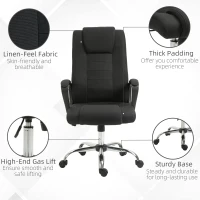 Vinsetto Office Chair Computer Chair with Rocking Function, Headrest, Ergonomic Desk Chair Swivel, Height-Adjustable Linen Touch Black 62 x 76 x 110-119 cm(m-7)