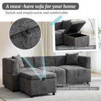 L-Shaped Sectional Sofa with Removable Storage Ottoman and 2 Pillows, Fabric Upholstery, 204L x 68W x 69H cm, Grey(m-4)