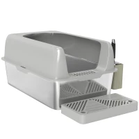 PawHut Lettiera per Gatti con Gradino, Paletta e Box Portaoggetti, in Acciaio Inox e ABS, 60.2x40.6x29 cm, Grigio Chiaro(m-10)