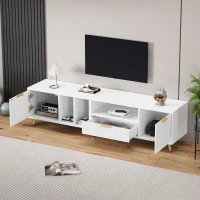 TV Stand with Storage Cabinets and Open Shelves for 80-Inch TV, Embossed Pattern Entertainment Centre, 180L x 40W x 41H cm, White(m-7)