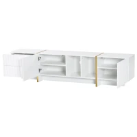 Modern TV Stand with Storage Cabinet for 85-Inch TV, Entertainment Centre with Open Shelves, 190L x 35W x 45H cm, White+Gold(m-14)