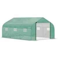 Outsunny Walk-in Polytunnel Garden Greenhouse, Outdoor Mesh Door Greenhouse with PE Cover and 6 Windows, 4.5 x 3 x 2m, Green(m-13)