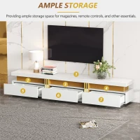 Luxury TV Stand with 3 Drawers, Faux Marble Top, and Golden Panel Design, 200L x 40W x 42H cm, White(m-4)