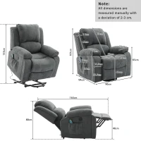 Power Massage Lift Recliner Chair with Heat and Vibration for Elderly, Heavy Duty Reclining Mechanism with Pockets, Cup Holders, Grey(m-3)