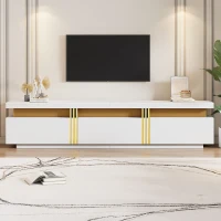 Luxury TV Stand with 3 Drawers, Faux Marble Top, and Golden Panel Design, 200L x 40W x 42H cm, White(m-6)