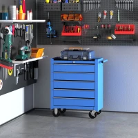 HOMCOM 5 Drawer Tool Chest on Wheels, Lockable Steel Tool Trolley with Side Handle for Workshop, Garage, Blue(m-2)