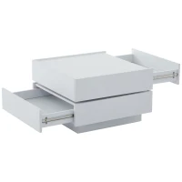 Square Rotating Coffee Table with 2 Drawers, 2-Tier Swivel Tabletop and Storage, 60L x 60W x 38H cm, White(m-13)