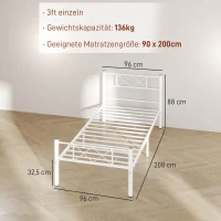 HOMCOM Einzelbettgestell mit hohem Kopfteil, Leichte Montage, Stauraum unter dem Bett, Stahl, Weiß(m-3)