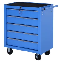 HOMCOM 5 Drawer Tool Chest on Wheels, Lockable Steel Tool Trolley with Side Handle for Workshop, Garage, Blue(m-1)