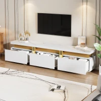 Luxury TV Stand with 3 Drawers, Faux Marble Top, and Golden Panel Design, 200L x 40W x 42H cm, White(m-7)