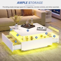 Modern LED Coffee Table with Storage and Bluetooth Control, Square Design with 2 Sliding Drawers, 70L x 70W x 41H cm, White(m-4)