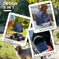 PawHut Passeggino per Cani 3 in 1 Pieghevole con Borsa Trasportino e Cestino Inferiore, Blu(m-4)