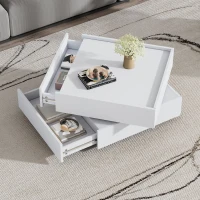 Square Rotating Coffee Table with 2 Drawers, 2-Tier Swivel Tabletop and Storage, 60L x 60W x 38H cm, White(m-7)