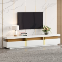 Luxury TV Stand with 3 Drawers, Faux Marble Top, and Golden Panel Design, 200L x 40W x 42H cm, White
