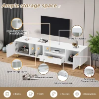 TV Stand with Storage Cabinets and Open Shelves for 80-Inch TV, Embossed Pattern Entertainment Centre, 180L x 40W x 41H cm, White(m-5)