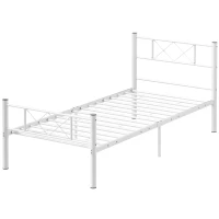 HOMCOM Einzelbettgestell mit hohem Kopfteil, Leichte Montage, Stauraum unter dem Bett, Stahl, Weiß(m-1)