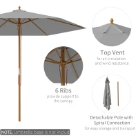 Outsunny 2.5m Wood Garden Parasol Sun Shade Patio Outdoor Wooden Umbrella Canopy, Table Market Umbrella with Vent, 38mm Pole, Rope Pulley Mechanism, Light Grey(m-4)