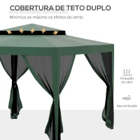 Outsunny Pérgola de Jardim com 4 Mosquiteiras Teto Duplo 8 Orifícios de Drenagem e Estrutura de Metal 297x297x268 cm Verde(m-4)