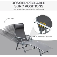 Outsunny transat Chaise Longue Bain de Soleil Pliable Dossier inclinable Multi-Positions têtière fournie 137L x 64l x 101H cm métal époxy textilène Gris(m-4)