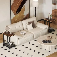 HOMCOM C Shaped Side Table Set of 2 with Wheels, Mobile End Table, Laptop Stand with Metal Frame and Storage Shelf, Rustic Brown(m-10)