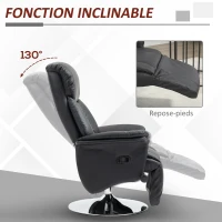 HOMCOM Fauteuil de relaxation inclinable pivotant repose-pied réglable, jusqu'à 150 kg, pour salon, chambre, home cinéma, noir(m-4)