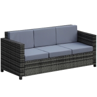 Outsunny 3 Seater All Weather Outdoor Sofa, Garden Rattan Sofa with Cushions and Mental Frame, Grey
